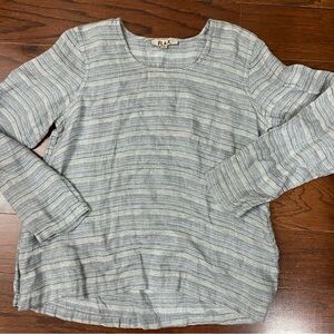 FLAX Gray Stripe Long Sleeve Linen Top Small Minimalist Lagenlook Beach Vacation